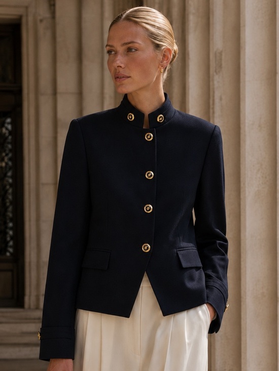Zara Jackets & Blazers - ZARA Navy Blue High Neck Gold Button Blazer Jacket XS NWT